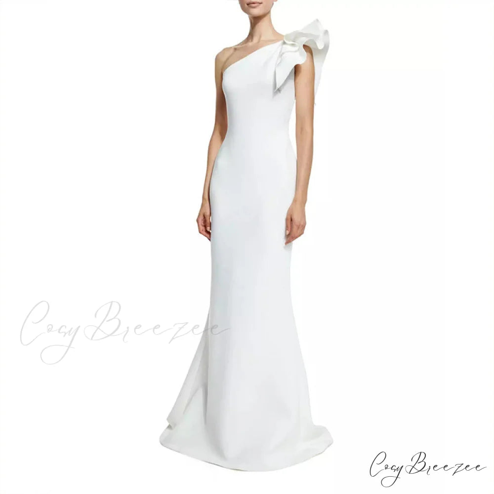 Diana Formal One Charming Shoulder Ruffle Dress WHITE / S