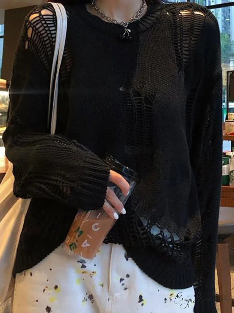 Distressed Crochet Knit Trendy Long Sleeve Crop Top