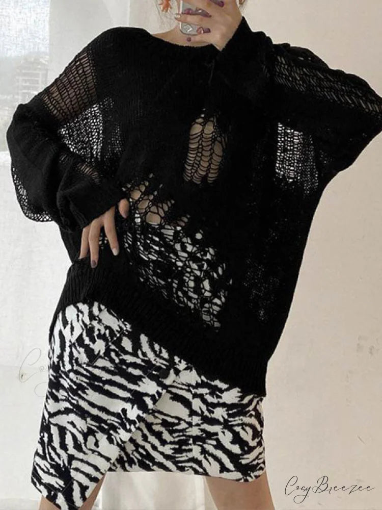 Distressed Crochet Knit Trendy Long Sleeve Crop Top