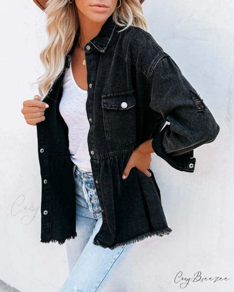 Distressed Denim Button Down Shirt Jacket