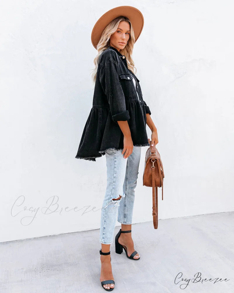 Distressed Denim Button Down Shirt Jacket