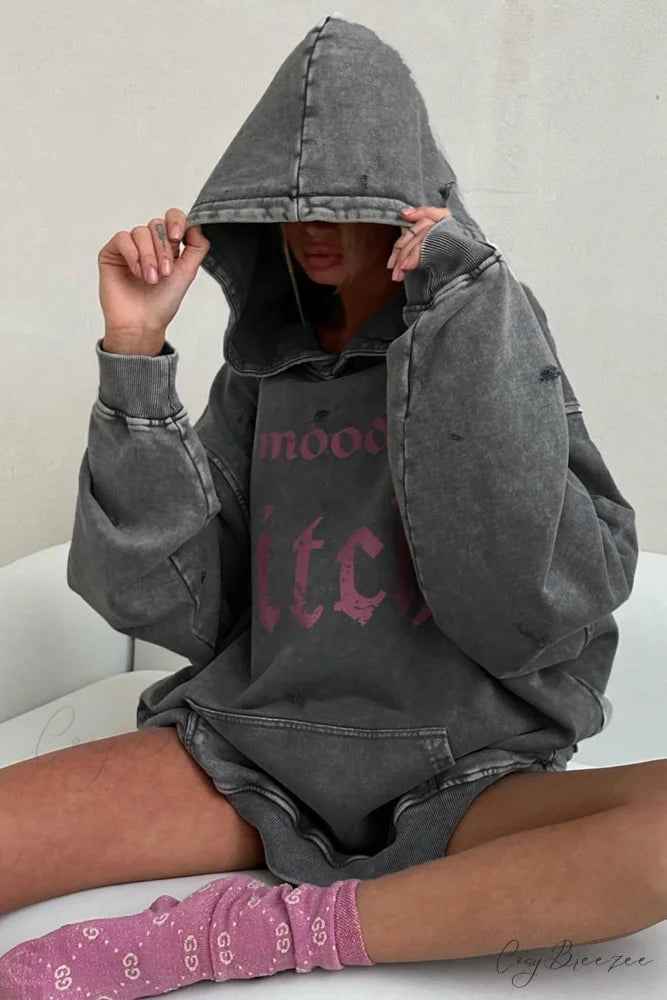 Distressed Hoodie with Letter Print Dark Grey / S