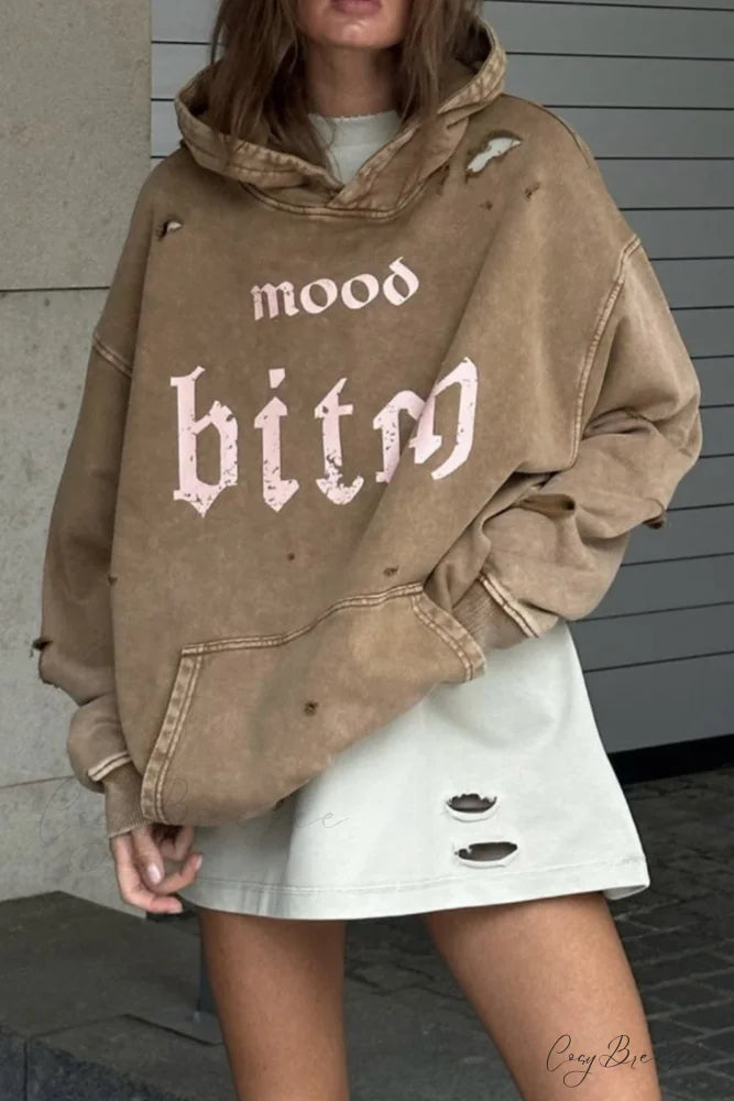 Distressed Hoodie with Letter Print Khaki / L
