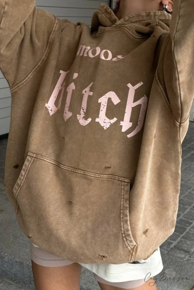 Distressed Hoodie with Letter Print Khaki / S