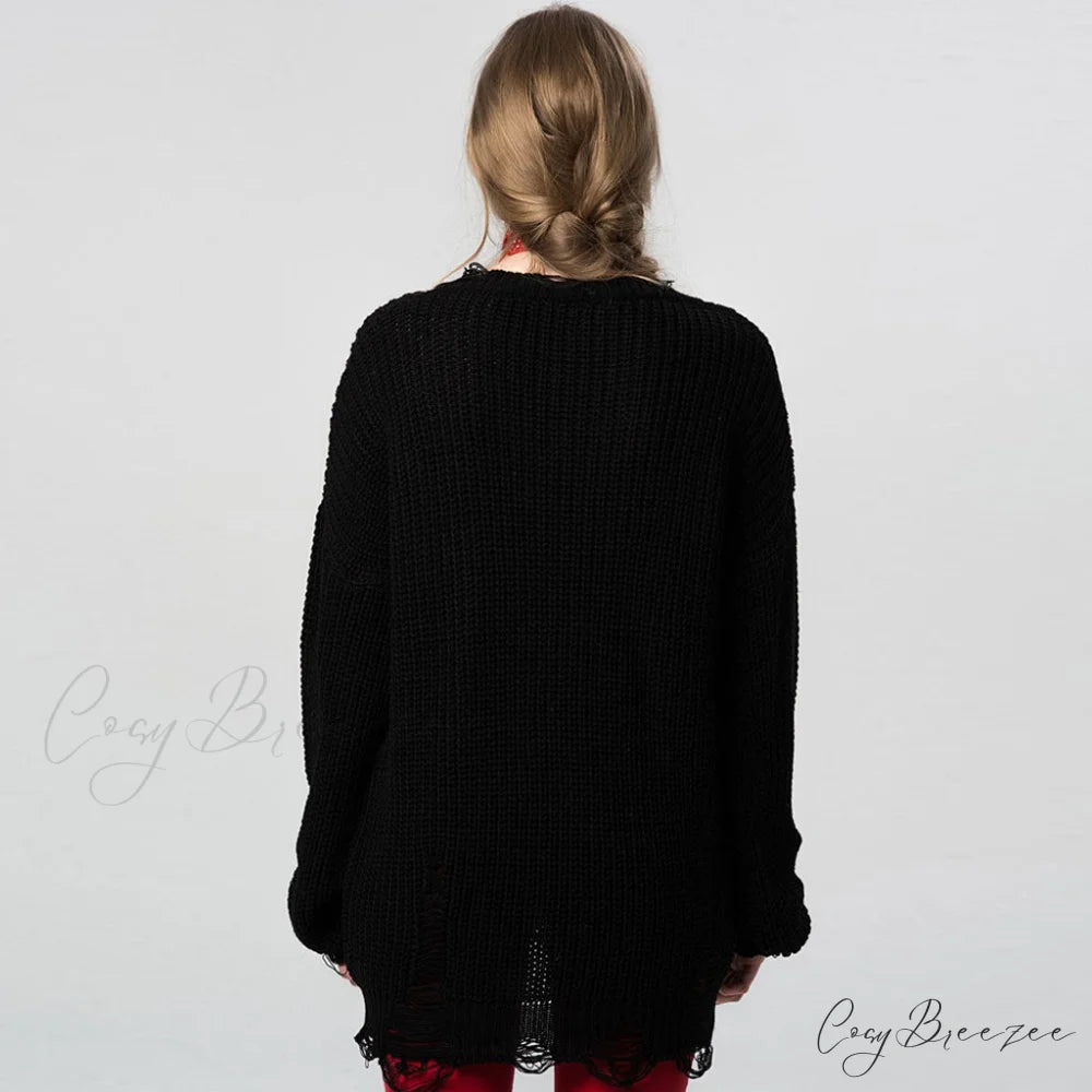 Distressed Striped Graceful Knit Top L / Black