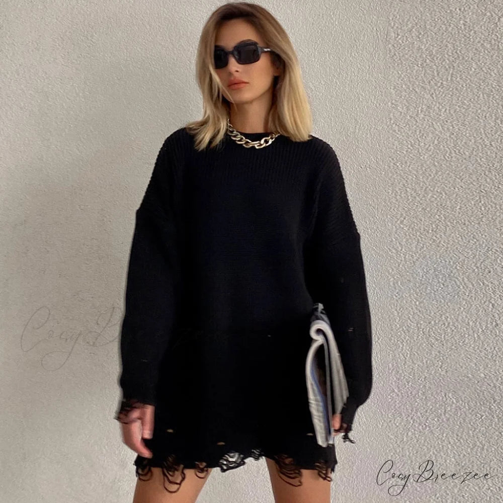 Distressed Striped Graceful Knit Top M / Black