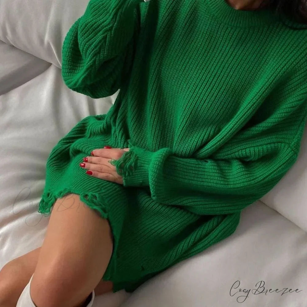 Distressed Trim Pullover Sweater Modern Mini Dress - Black L / Emerald Green