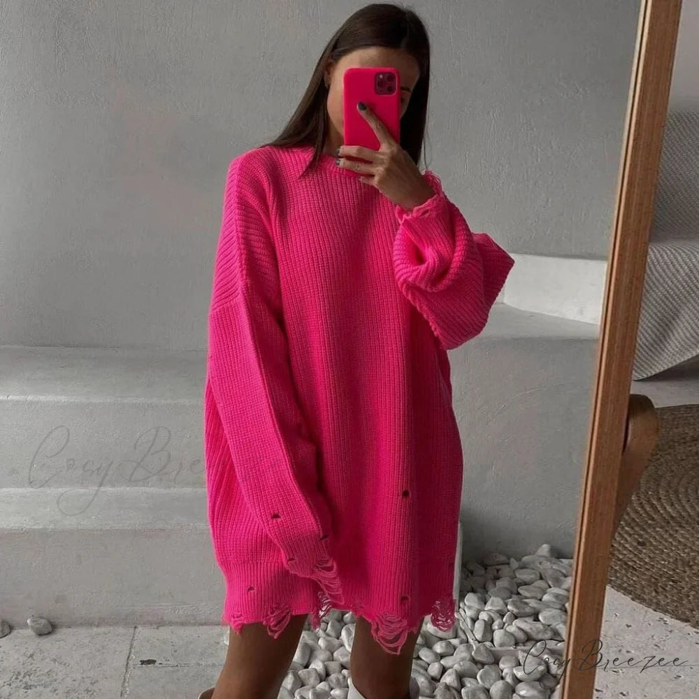 Distressed Trim Pullover Sweater Modern Mini Dress - Emerald Green L / Rose