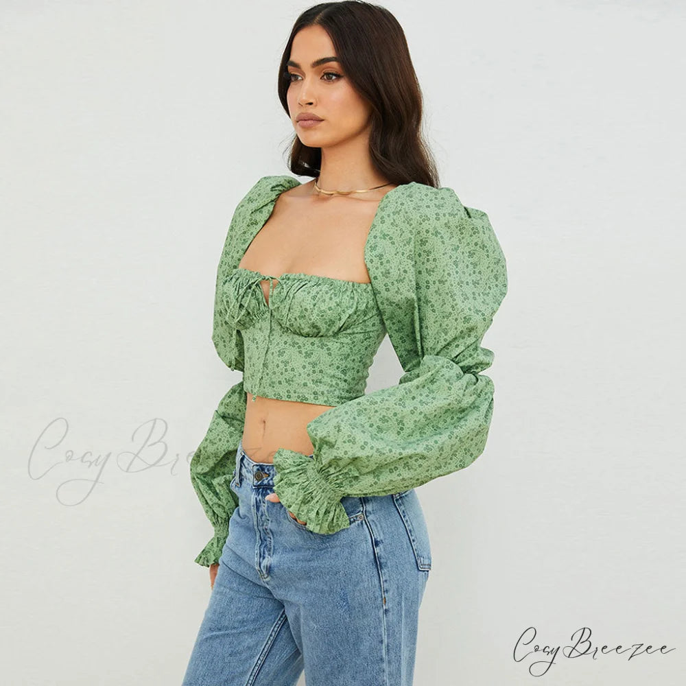 Ditsy Floral Graceful Short-Sleeve Mini Dress M / Green