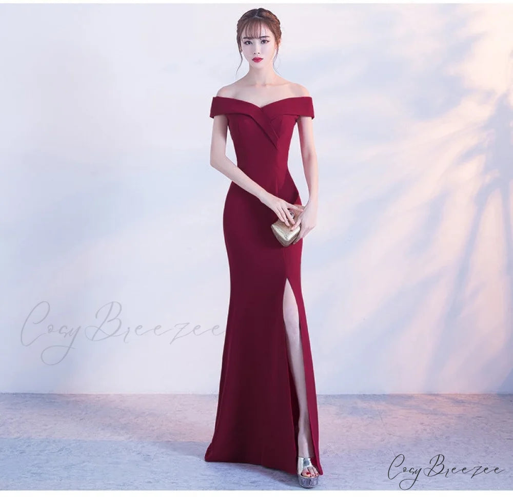 Diva Strapless High Charming Slit Formal Dress BURGUNDY / XS