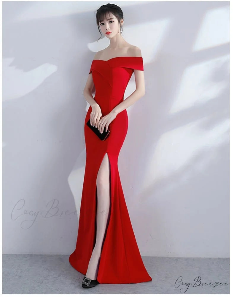 Diva Strapless High Charming Slit Formal Dress RED / XS