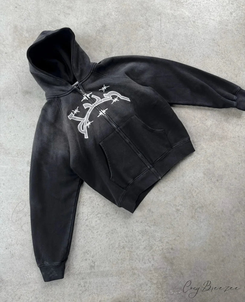 Divin Embroidery Zip-Up Hoodie black 5 / M hoodies-241228