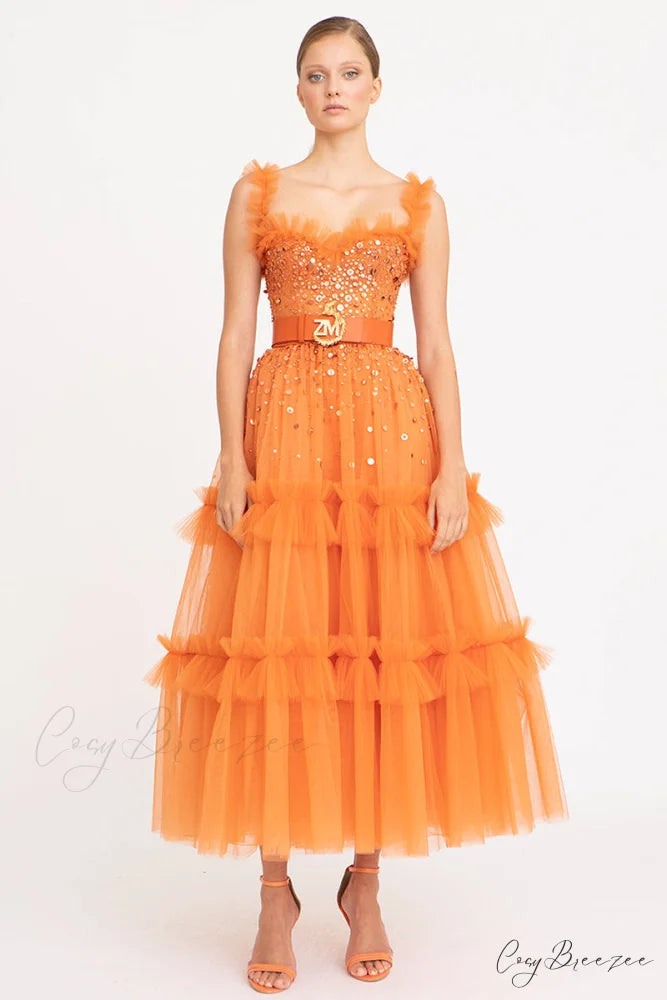 Divine Sweetheart Sequin Trendy Beaded Tulle Evening Dress Orange / 2