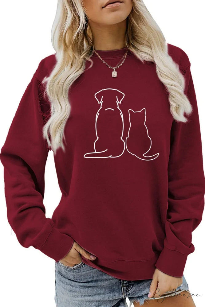 Dog & Kitty Graphic Sweatshirt Maroon / S