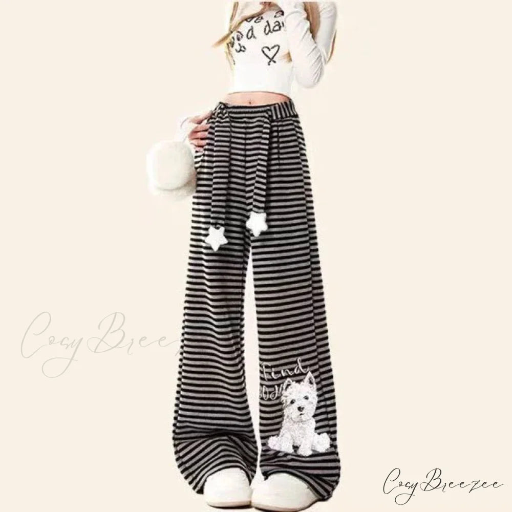 Dog Print Striped Fleece Relaxed Pants pants-241228