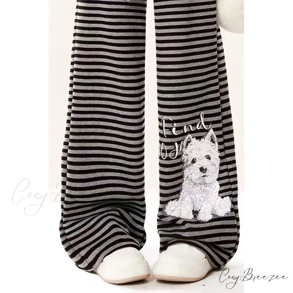 Dog Print Striped Fleece Relaxed Pants pants-241228