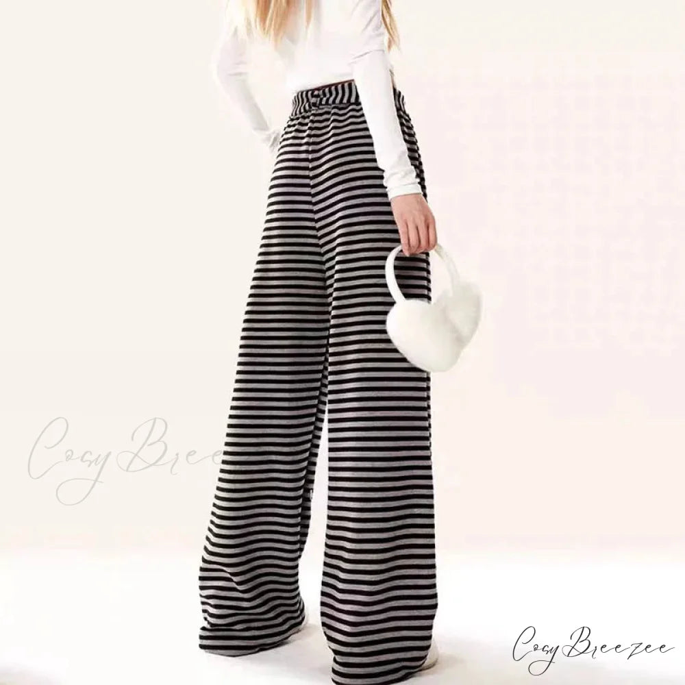 Dog Print Striped Fleece Relaxed Pants pants-241228