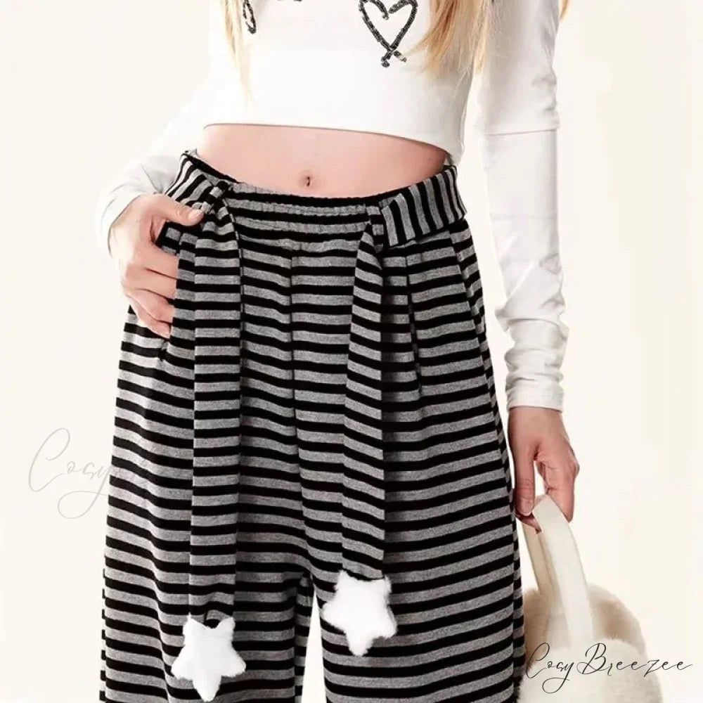 Dog Print Striped Fleece Relaxed Pants pants-241228