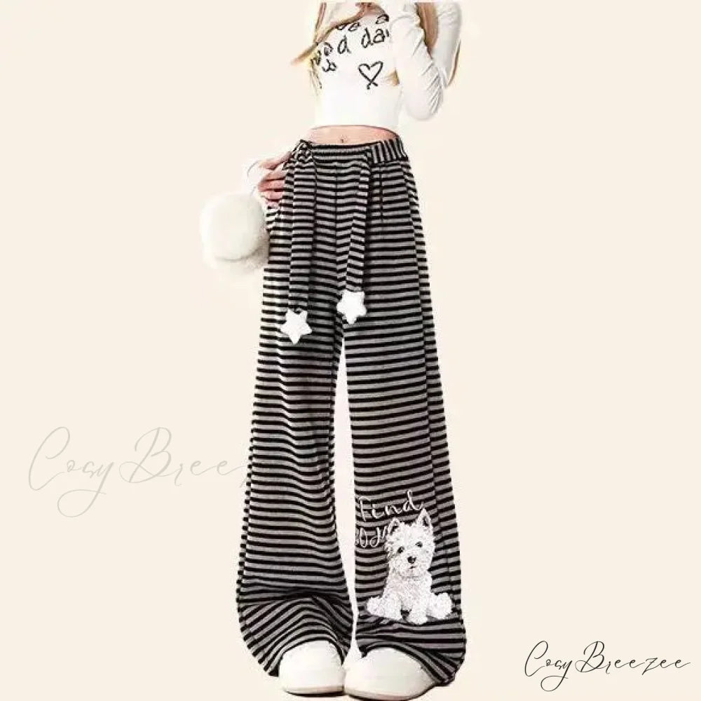 Dog Print Striped Fleece Relaxed Pants black 1 / S pants-241228