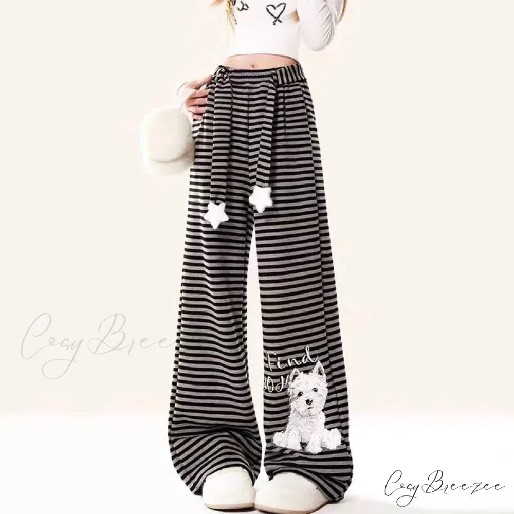 Dog Print Striped Fleece Relaxed Pants black / S pants-241228