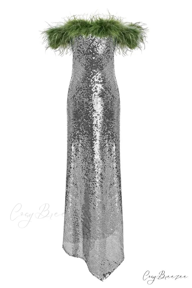 Dolly Feather Trimmed Trendy Sequin Maxi Dress