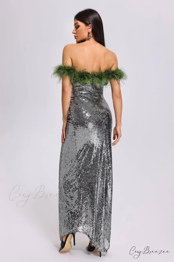 Dolly Feather Trimmed Trendy Sequin Maxi Dress