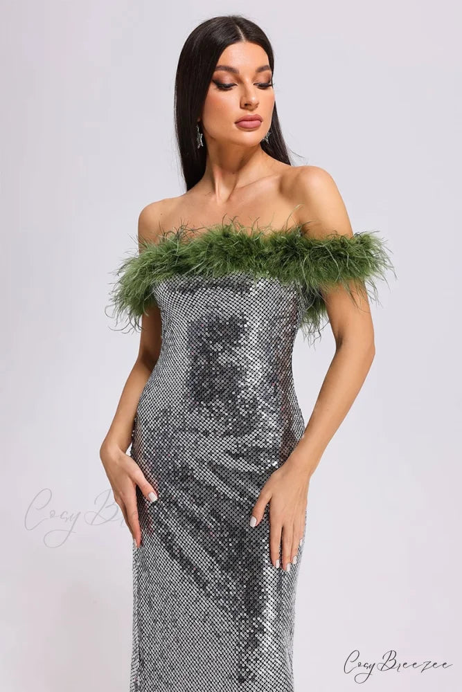 Dolly Feather Trimmed Trendy Sequin Maxi Dress