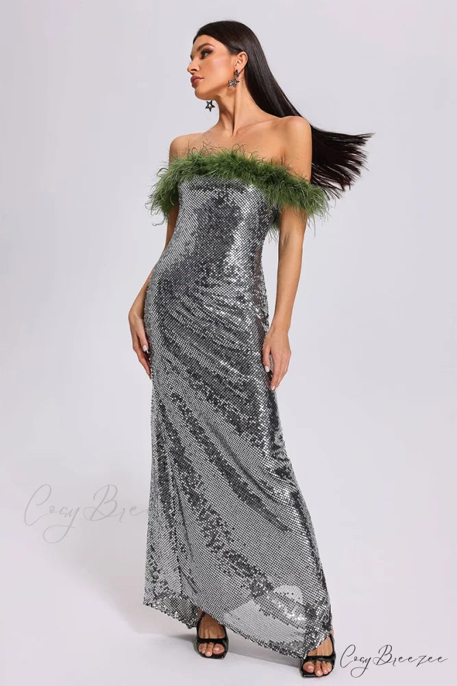Dolly Feather Trimmed Trendy Sequin Maxi Dress Silver / XS