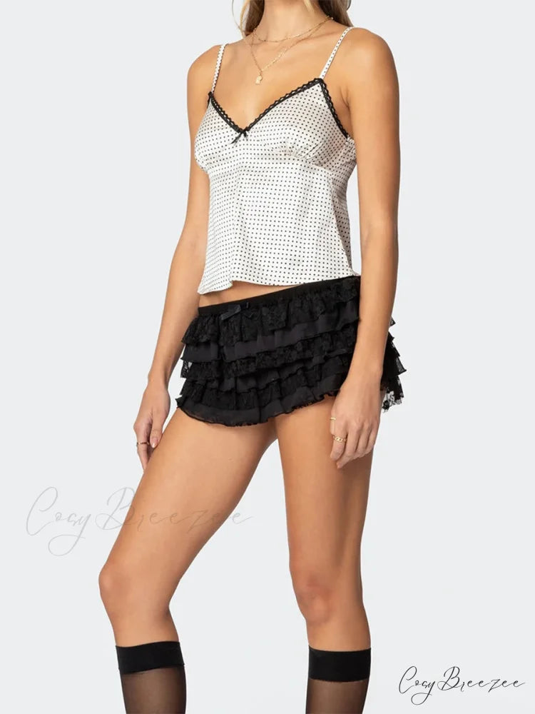 Dotted Print Satin Lace Crop Top croptop-250223