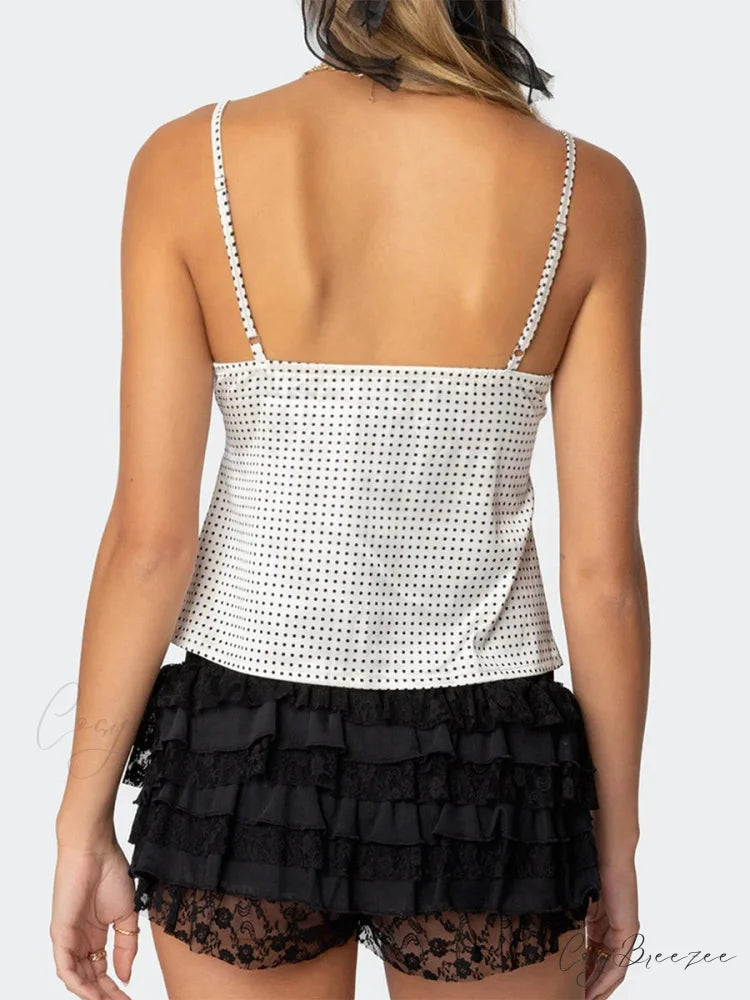 Dotted Print Satin Lace Crop Top croptop-250223