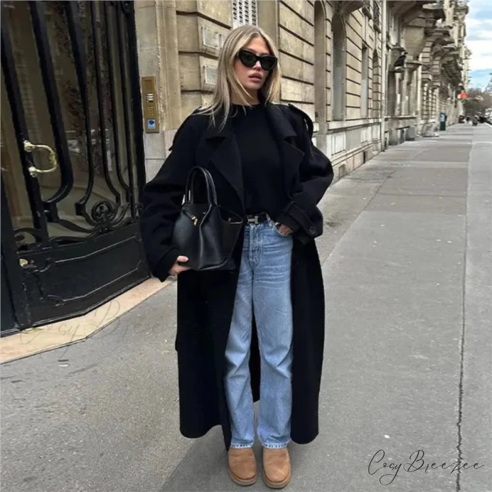 Double-Breasted Belted Oversized Coat overcoats-241228