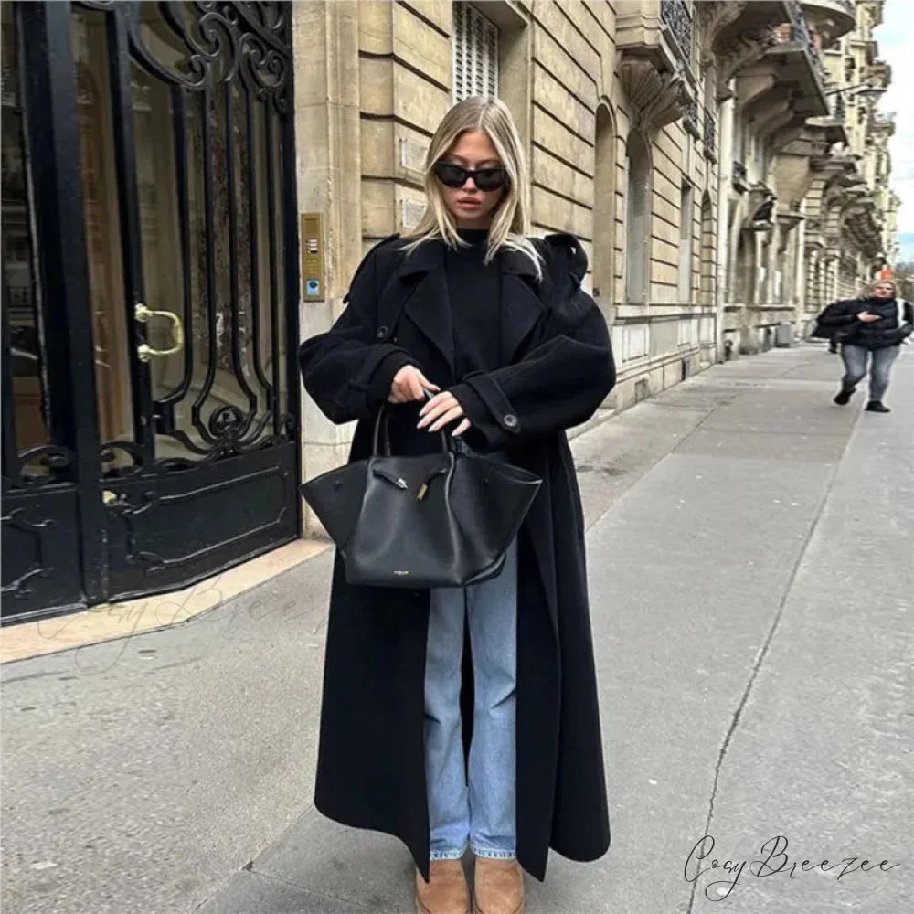 Double-Breasted Belted Oversized Coat overcoats-241228