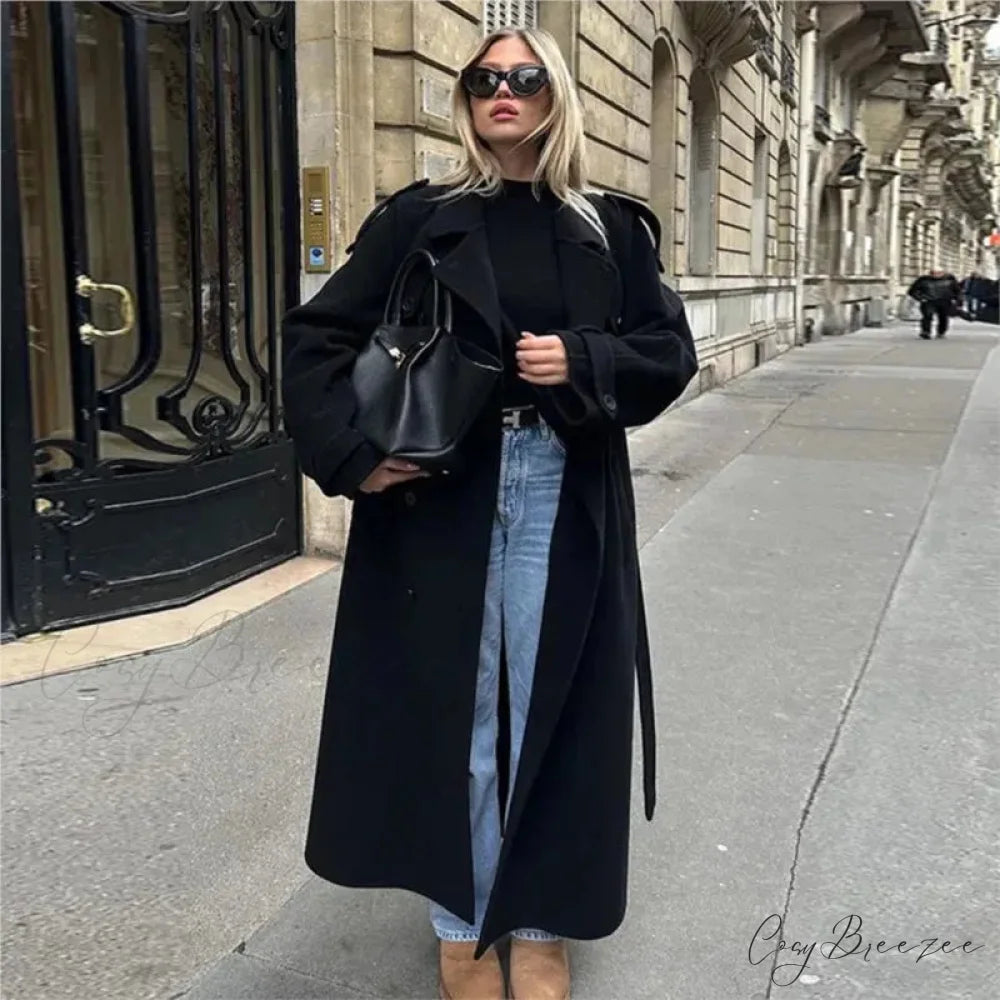 Double-Breasted Belted Oversized Coat overcoats-241228