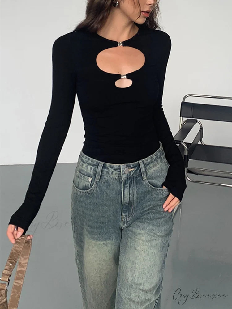 Double Keyholes Graceful Long Sleeve Top Black / XS