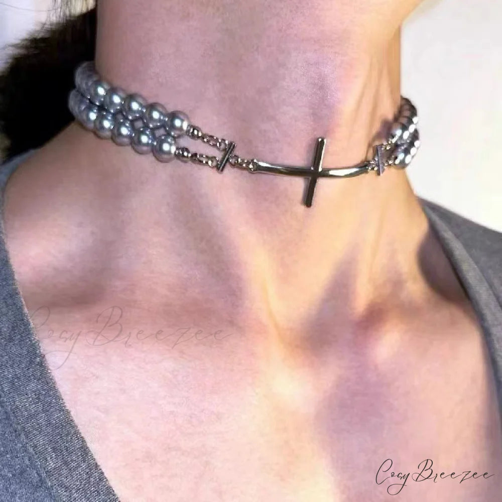 Double Layer Pearl Choker High-end Sweet Cool Necklace GREY