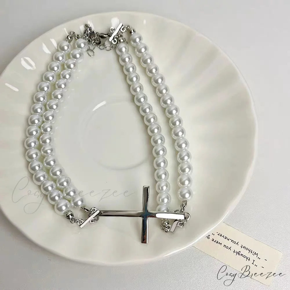 Double Layer Pearl Choker High-end Sweet Cool Necklace WHITE