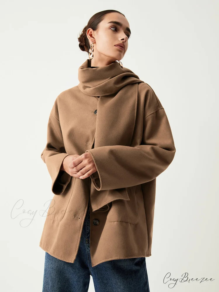 Double Pockets Cotton Blend Modern Jacket With Matching Scarf