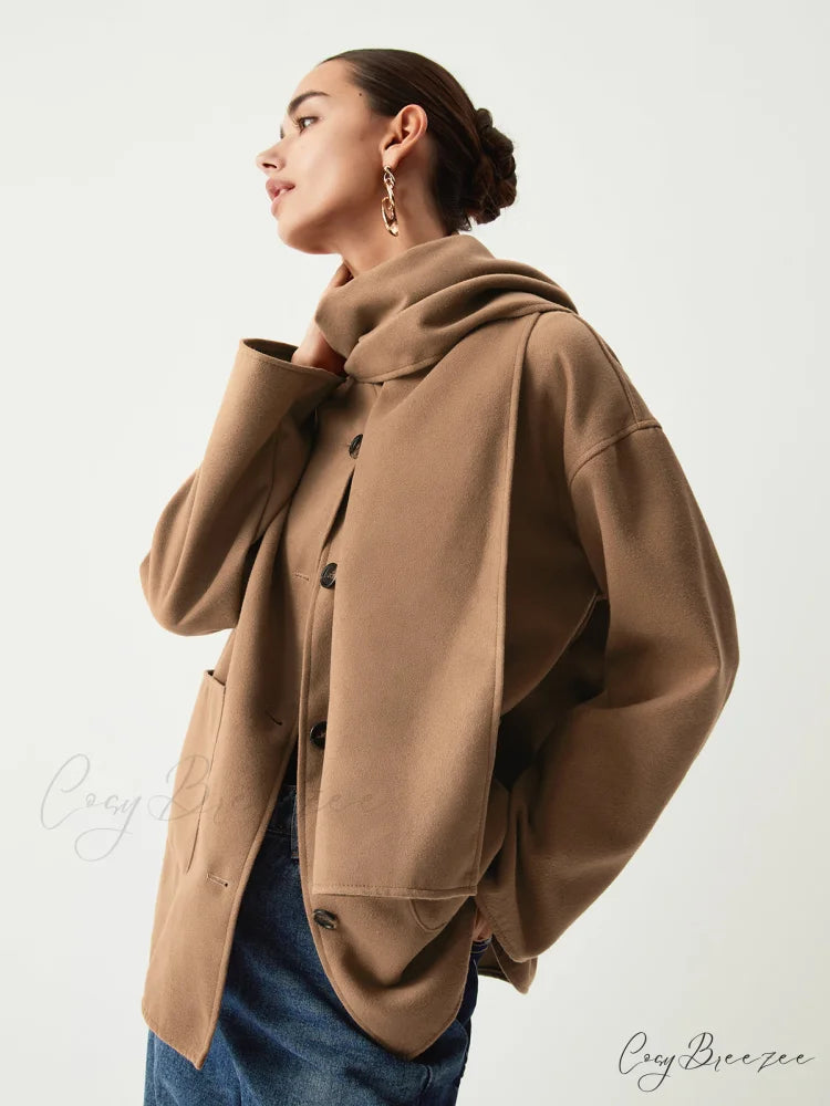 Double Pockets Cotton Blend Modern Jacket With Matching Scarf