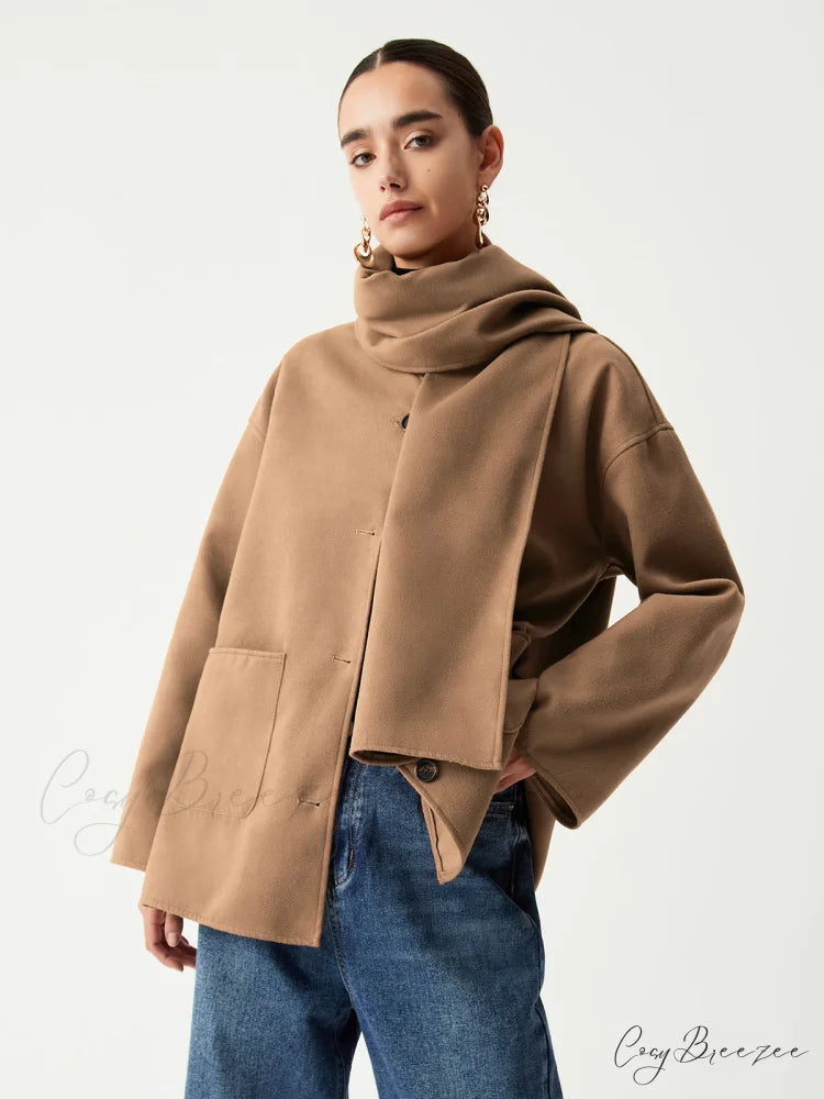 Double Pockets Cotton Blend Modern Jacket With Matching Scarf Brown / S