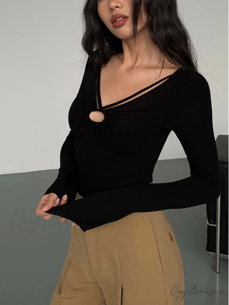 Double Sided Keyhole Trendy Rib Long Sleeve Shirt