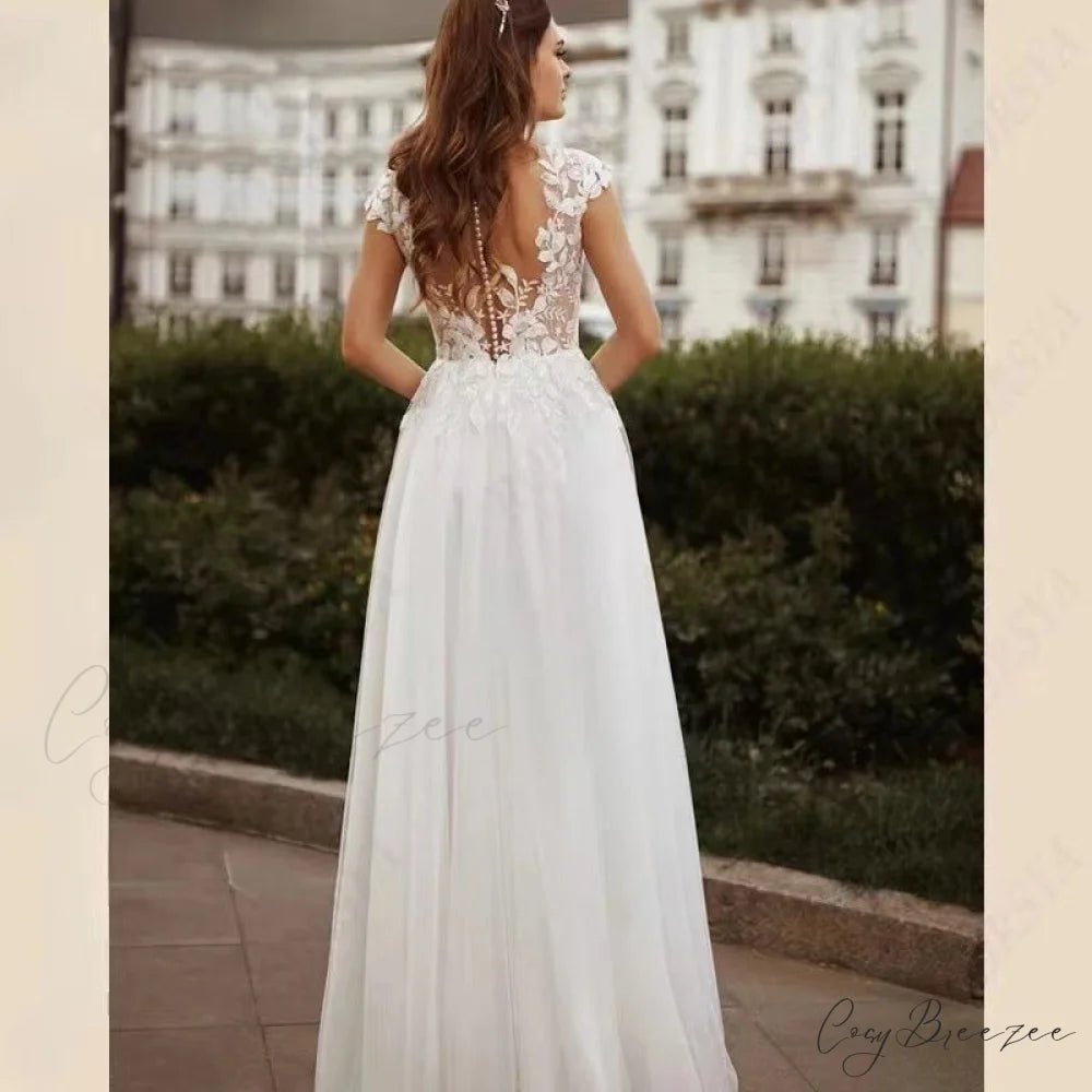 Double Strap Lace V-Neck Wedding Dress white / 2 weddingdress-250223