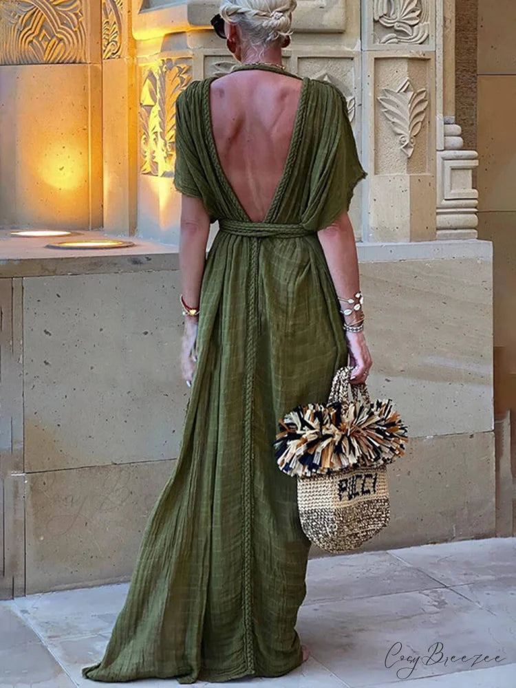 Draped Braids Kimono Cover Graceful Up Slit Maxi Dress