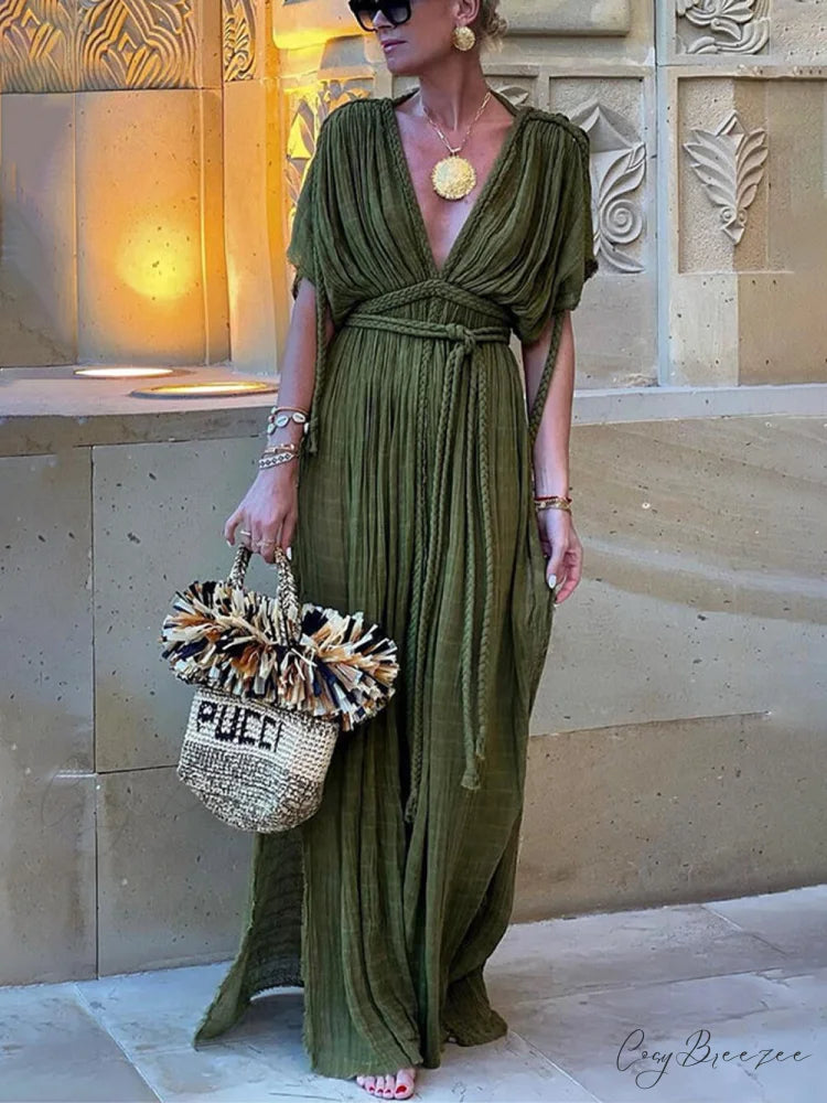 Draped Braids Kimono Cover Graceful Up Slit Maxi Dress Green / S
