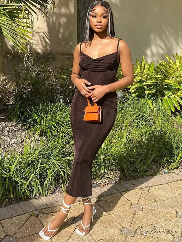 Draped Sleeveless Spaghetti Strap Summer Midi Dress