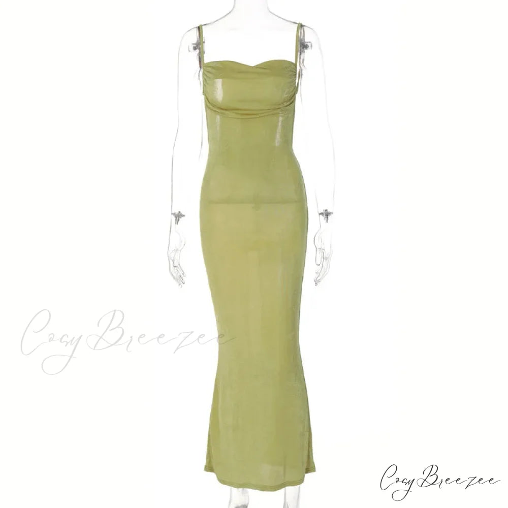 Draped Sleeveless Spaghetti Strap Summer Midi Dress