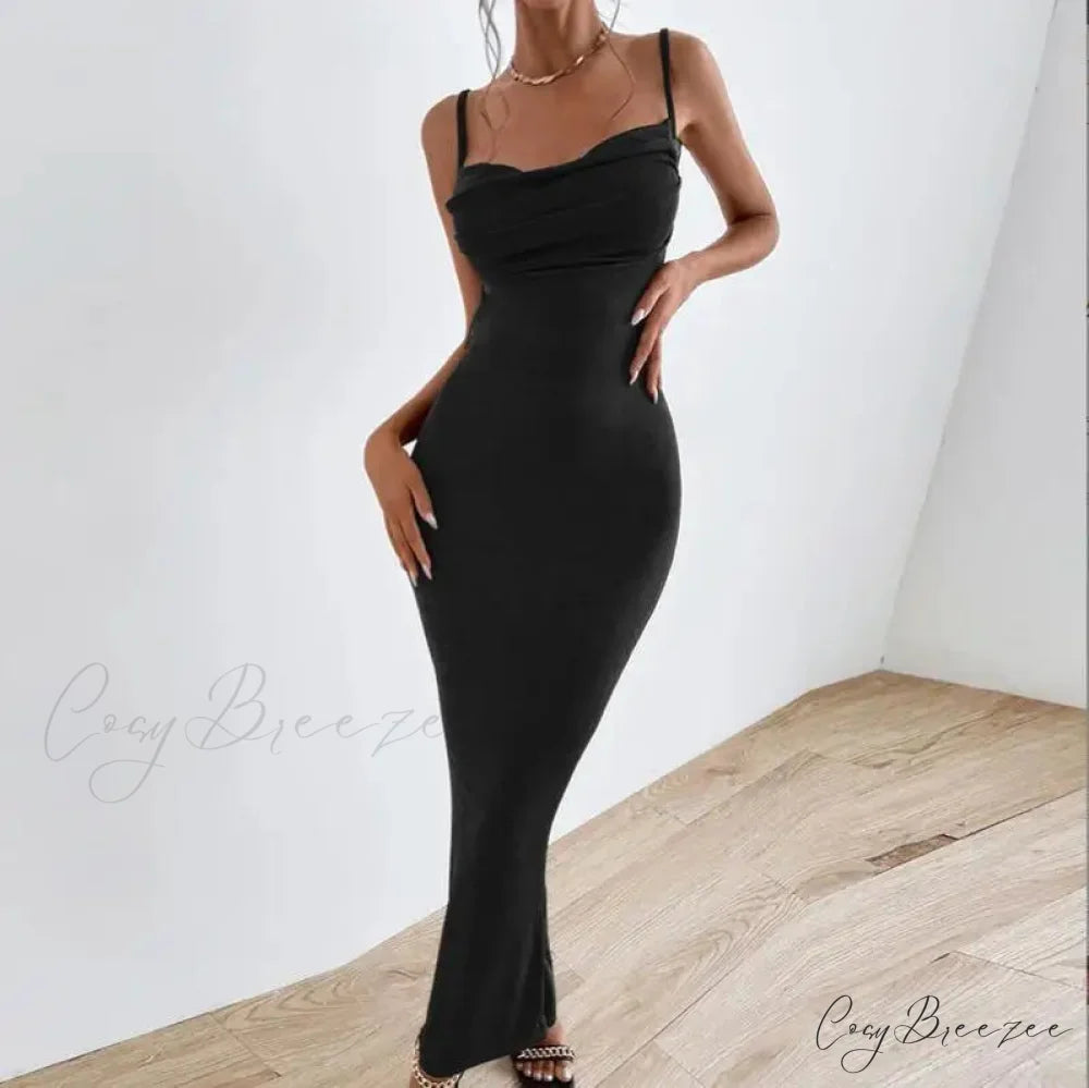 Draped Sleeveless Spaghetti Strap Summer Midi Dress Black / S