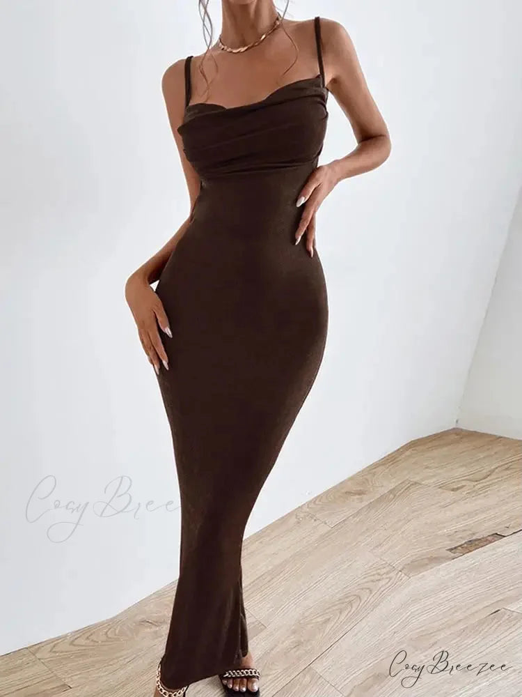 Draped Sleeveless Spaghetti Strap Summer Midi Dress Brown / S