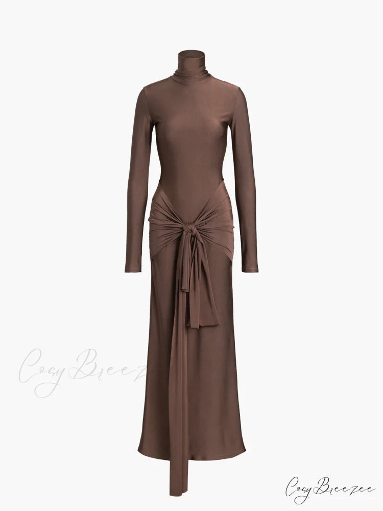 Draped Turtleneck Low Trendy Waist Twist Long Dress