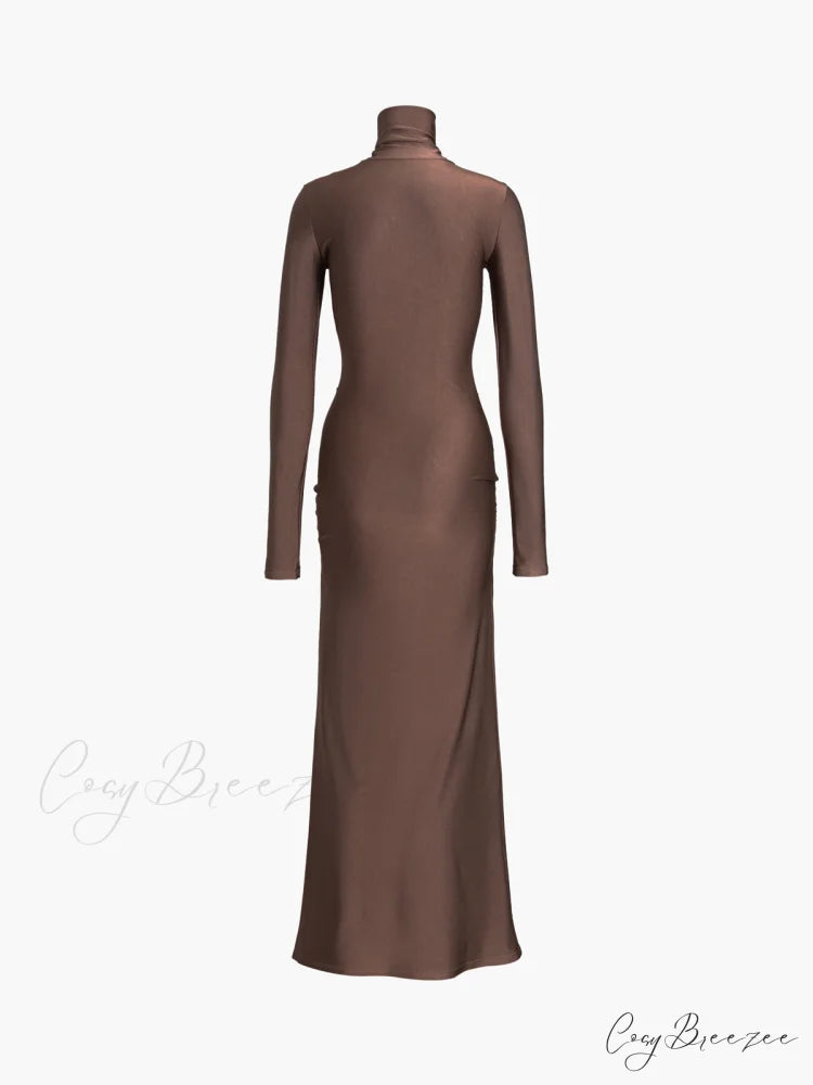 Draped Turtleneck Low Trendy Waist Twist Long Dress