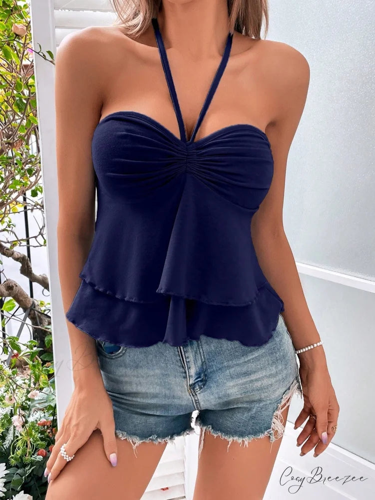 Drawstring Bust Tie Backless Halter Top